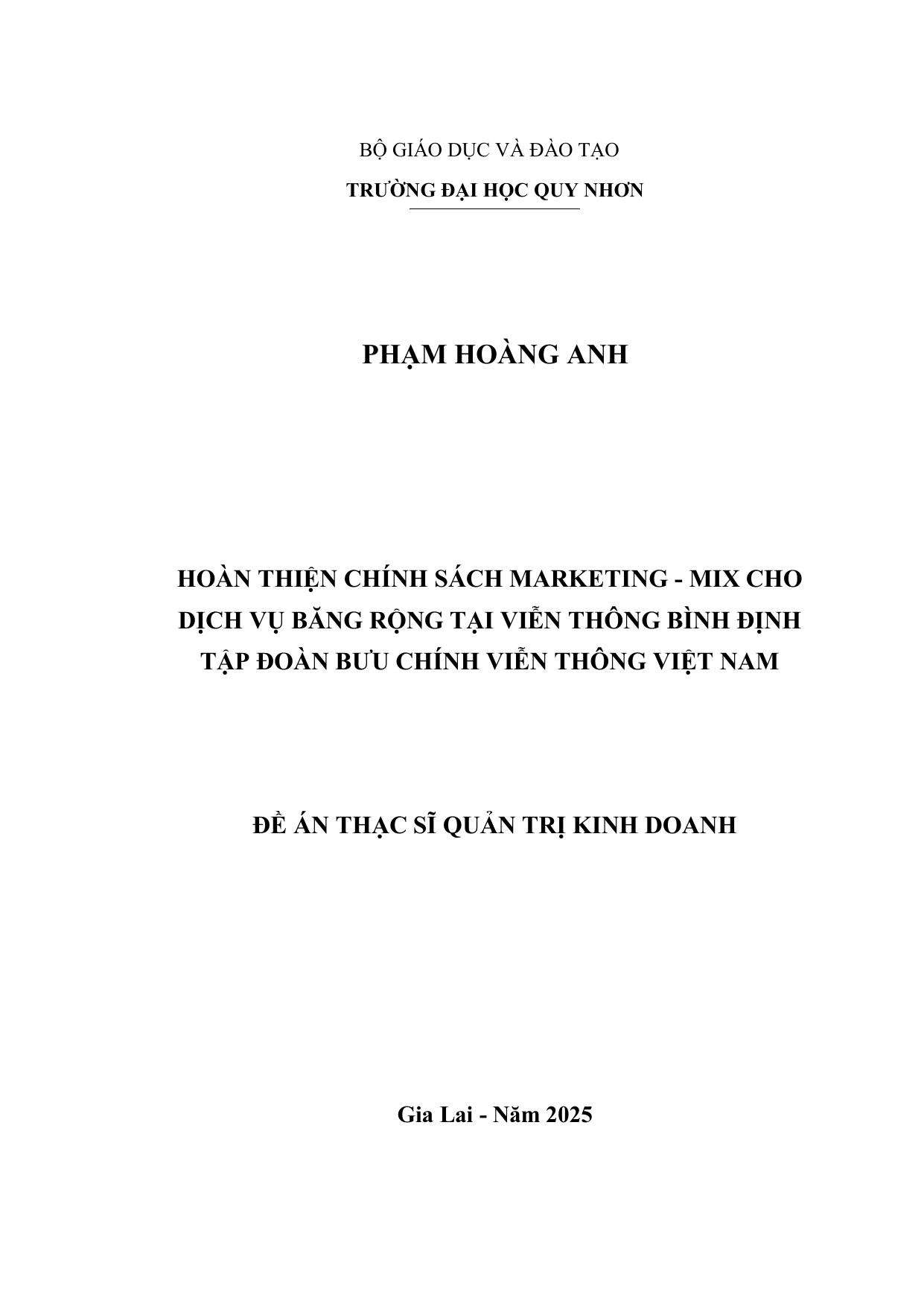 Hoàn thiện chính sách marketing-mix cho dịch vụ băng rộng tại Viễn thông Bình Định – Tập đoàn Bưu chính Viễn thông Việt Nam