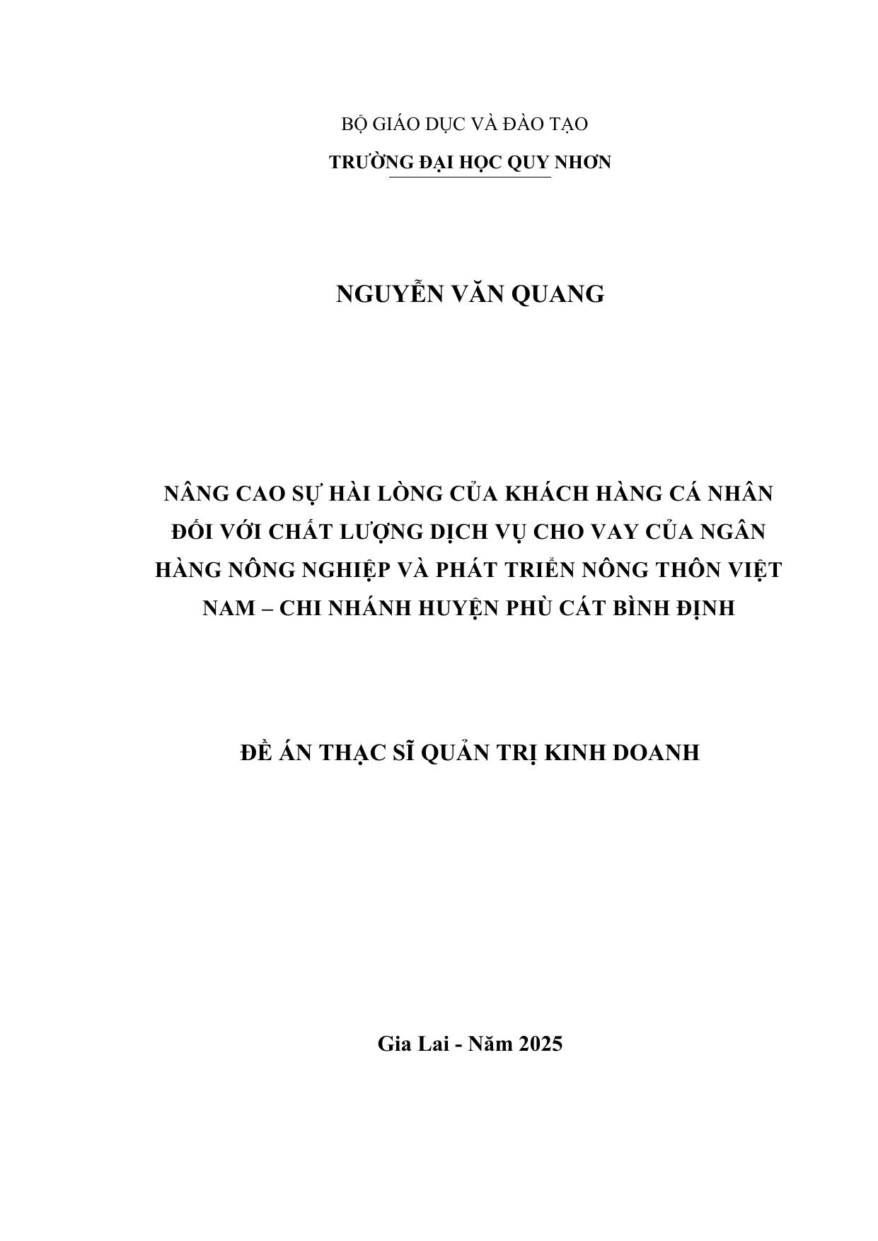 Nâng cao sự hài lòng của Khách hàng cá nhân đối với chất lượng dịch vụ cho vay tại Ngân hàng Nông nghiệp và Phát triển Nông thôn Việt Nam – Chi nhánh huyện Phù Cát, Bình Định