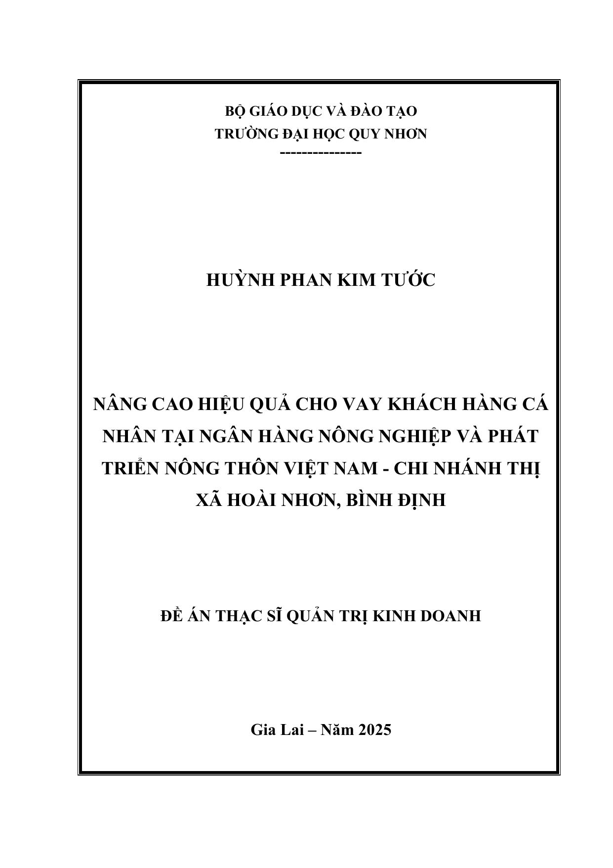 Nâng cao hiệu quả cho vay khách hàng cá nhân tại Ngân hàng Nông nghiệp và Phát triển Nông thôn Việt Nam – Chi nhánh thị xã Hoài Nhơn, Bình Định