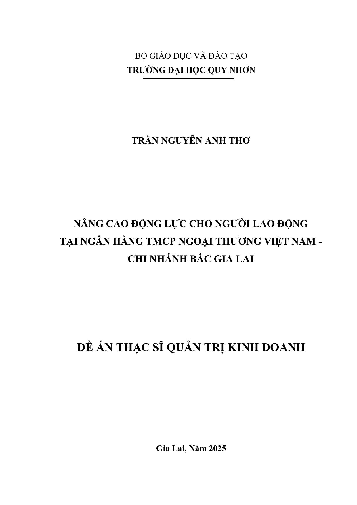 Nâng cao động lực cho người lao động tại Ngân hàng TMCP Ngoại thương Việt Nam - Chi nhánh Bắc Gia Lai