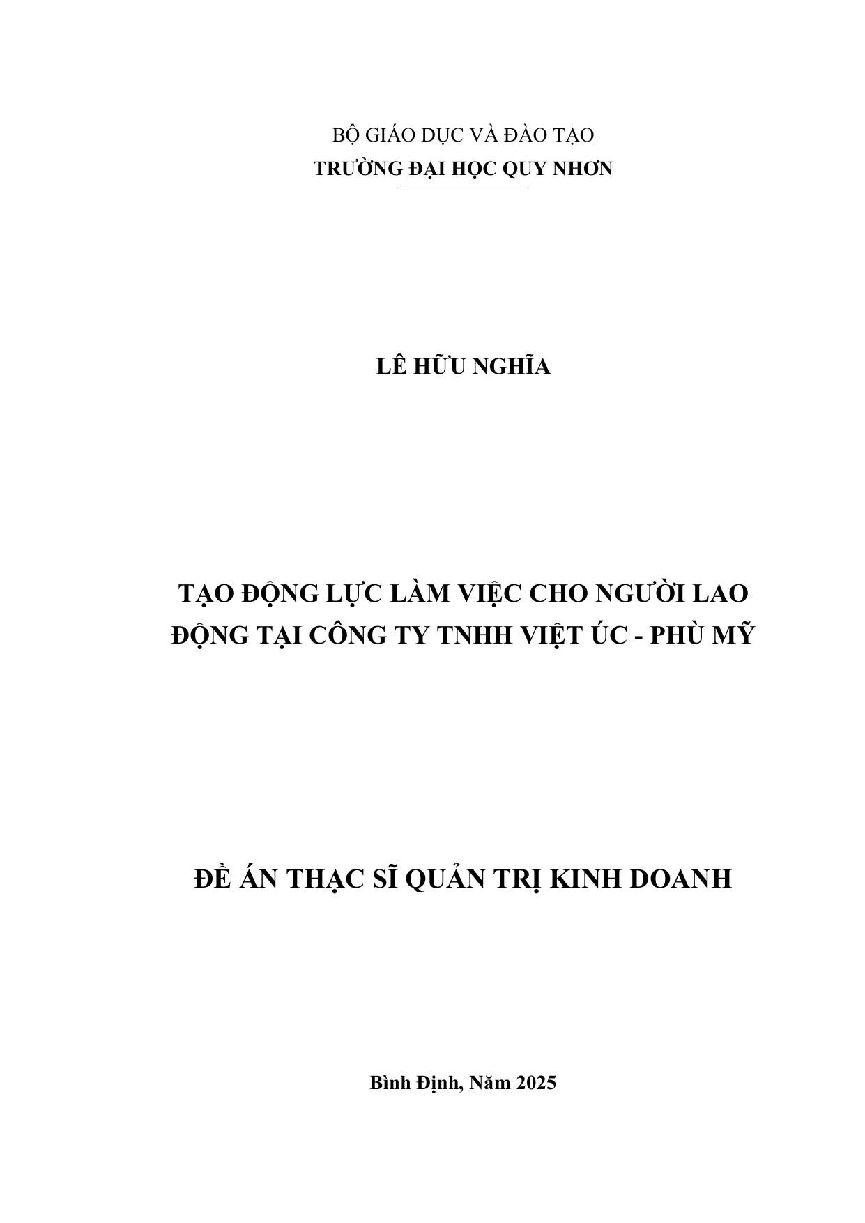 Tạo động lực làm việc cho người lao động tại Công ty TNHH Việt Úc – Phù Mỹ