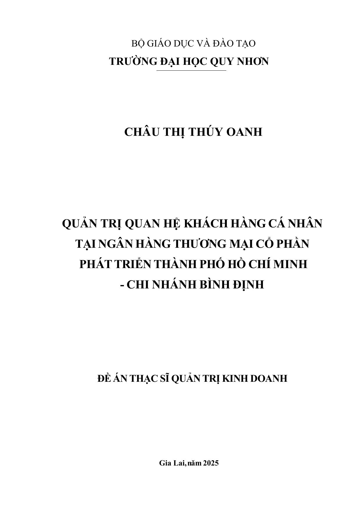 Quản trị quan hệ khách hàng cá nhân tại Ngân hàng Thương mại Cổ phần Phát triển thành phố Hồ Chí Minh - Chi nhánh Bình Định