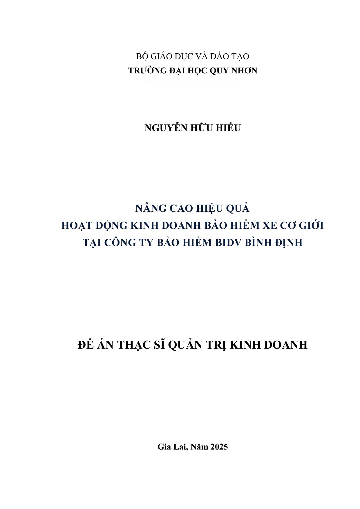 Nâng cao hiệu quả hoạt động kinh doanh bảo hiểm xe cơ giới tại Công ty Bảo hiểm BIDV Bình Định
