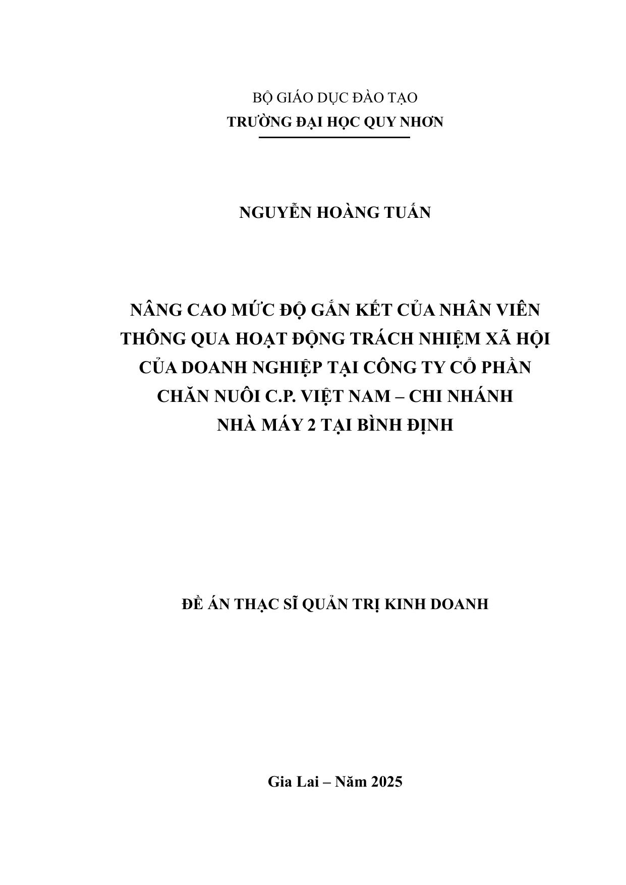 Nâng cao mức độ gắn kết của nhân viên thông qua hoạt động, trách nhiệm xã hội của doanh nghiệp tại công ty cổ phần chăn nuôi C.P.Việt Nam - Chi nhánh nhà máy 2 tại Bình Định