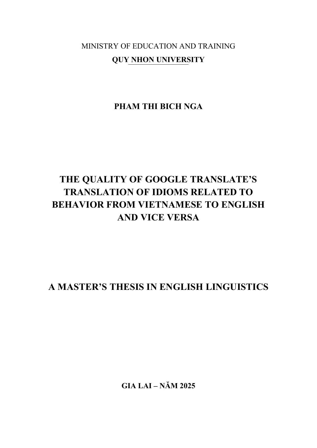 The Quality of Google's Translation of Idiom Related to Behavior from Vietnamese to English and Vice Versa