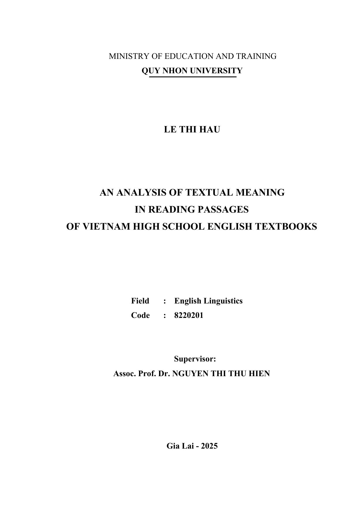 An Analysis of Textual Meaning in Reading Passages of Vietnam High School English Textbooks