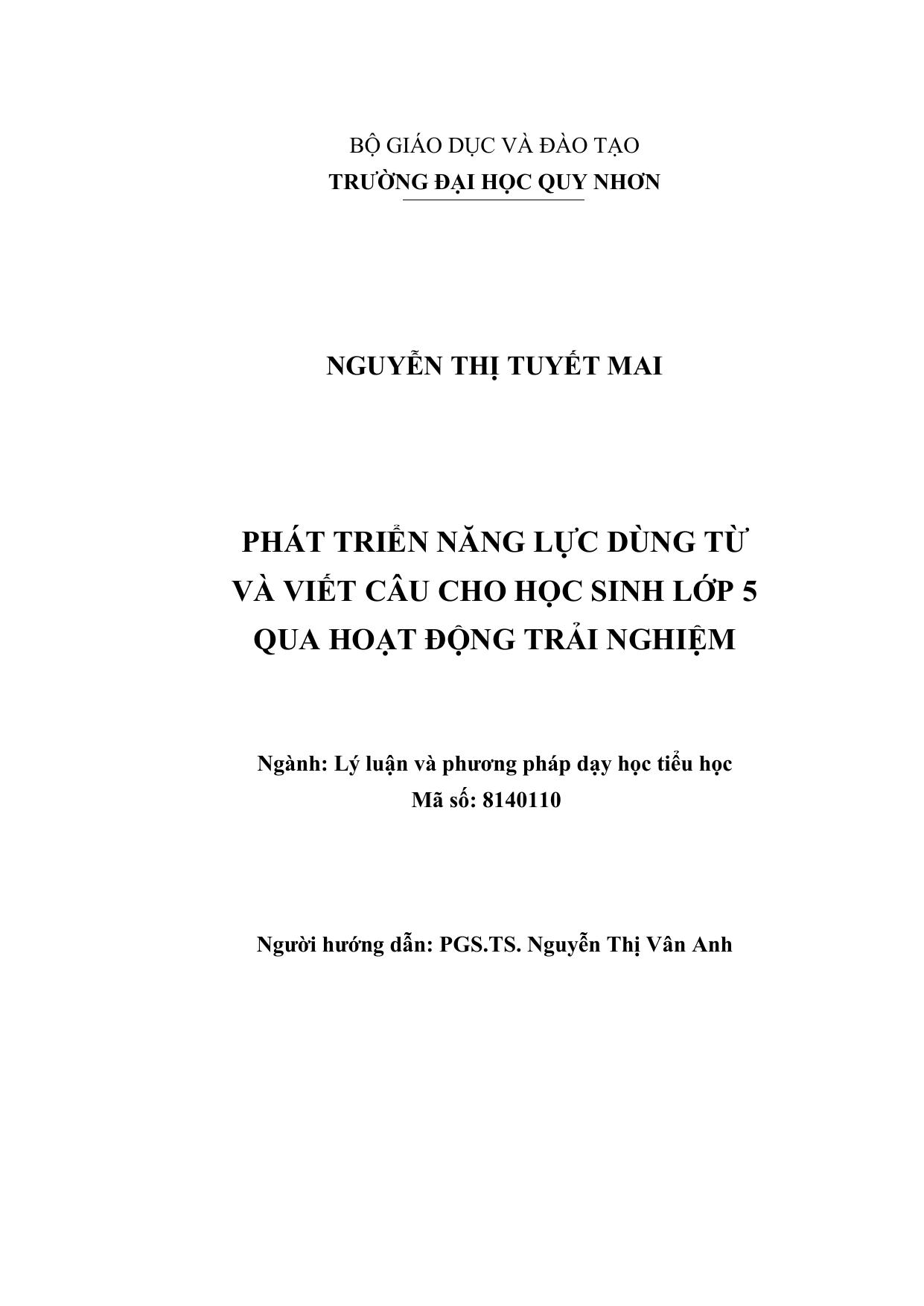 Phát triển năng lực dùng từ và viết câu cho học sinh lớp 5 qua hoạt động trải nghiệm